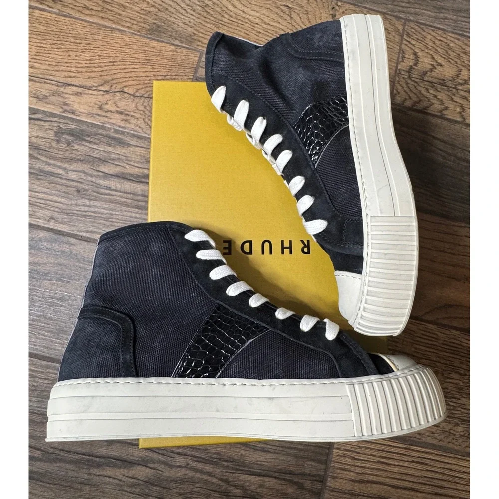 Rhude Bel Airs High Top Canvas Sneakers Black White Crocodile Detail Men's 8 - Picture 10 of 15